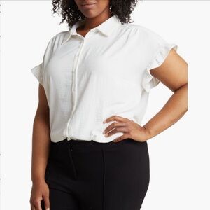 Pleione Crinkle Short Sleeve Ruffle Camp Shirt 1X Ivory